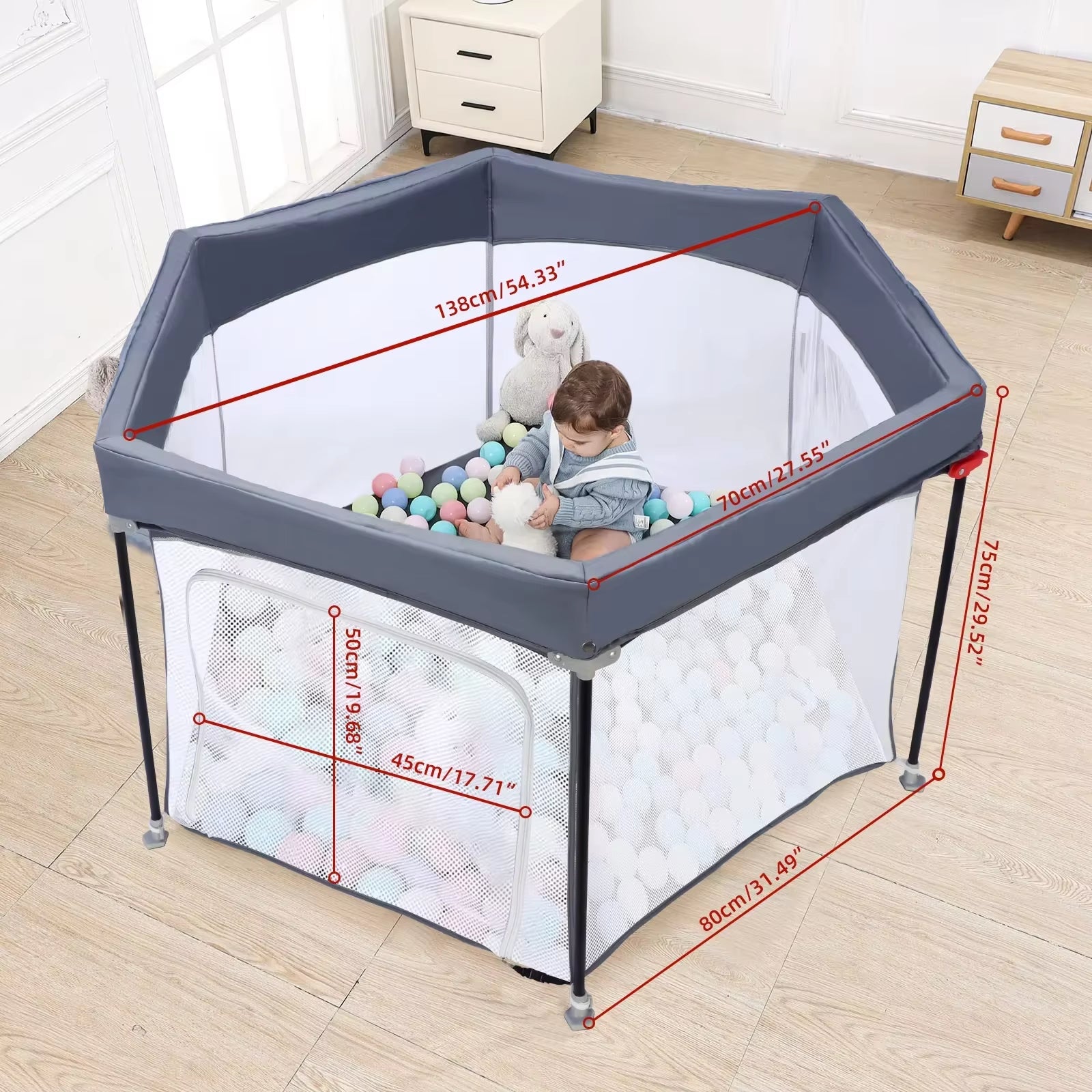 Baby Playpen Foldable Hexagon Sturdy Safety Playyard for Toddlers Soft Breathable Mesh Outdoor&Indoor without Ocean Ball, Grey