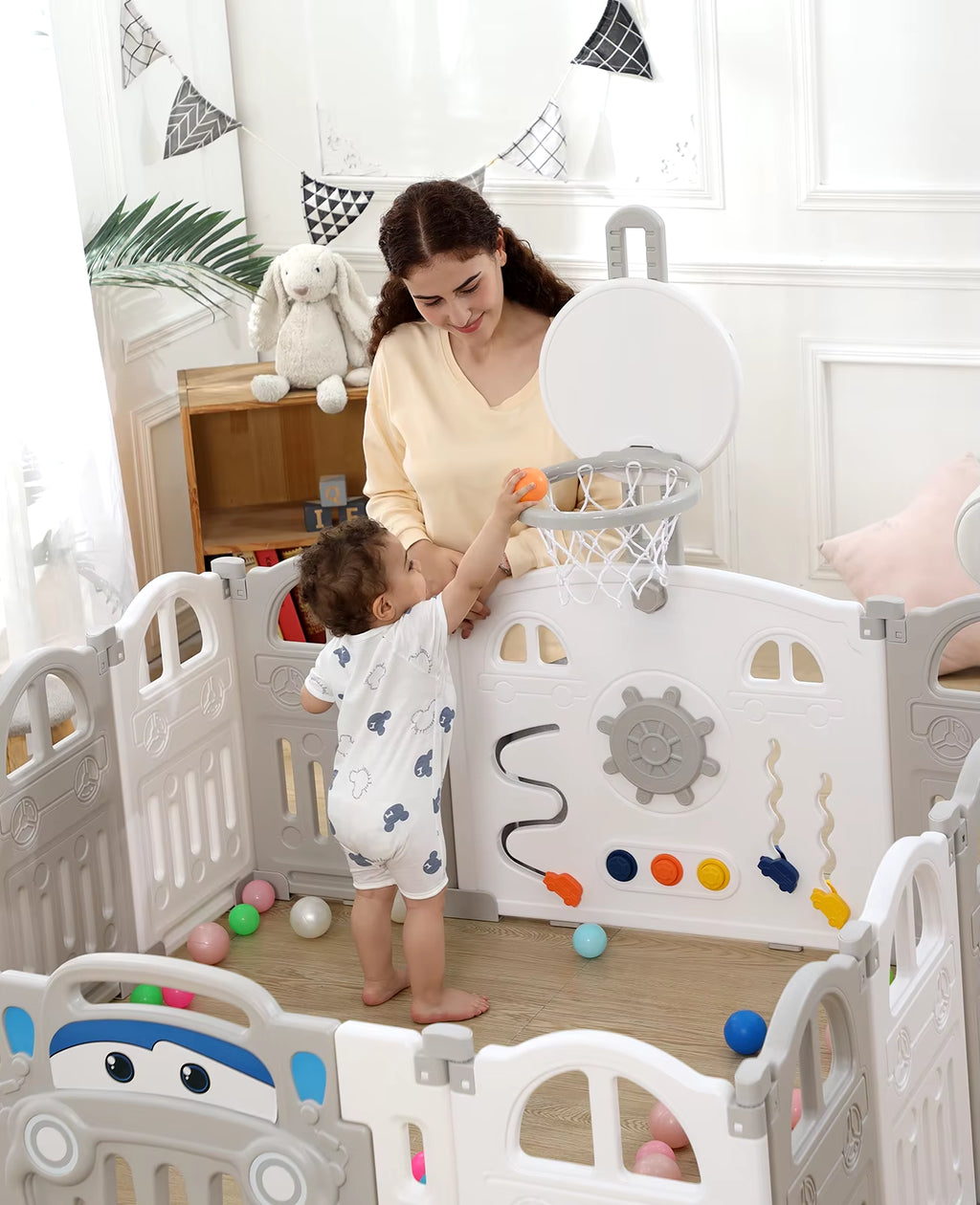 Foldable Baby Playpen with Basketball Hoop & 50Pcs Coloured Pit Balls, Toddler and Baby Play Pen Fence, 14-Panel