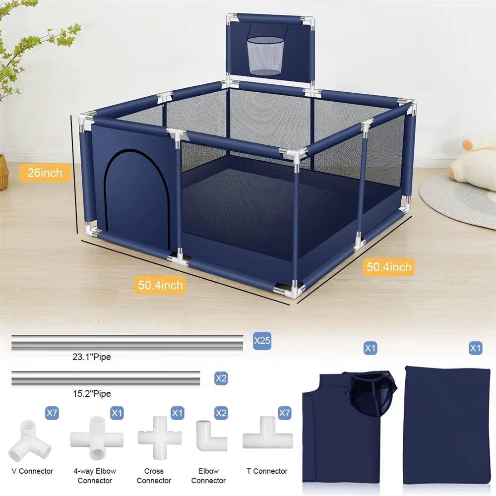 Square Baby Playpen Large 50*50 Inch Safet Baby Activity Fence Safety Baby Playard for Boy Girl Indoor Outdoors Usage Blue