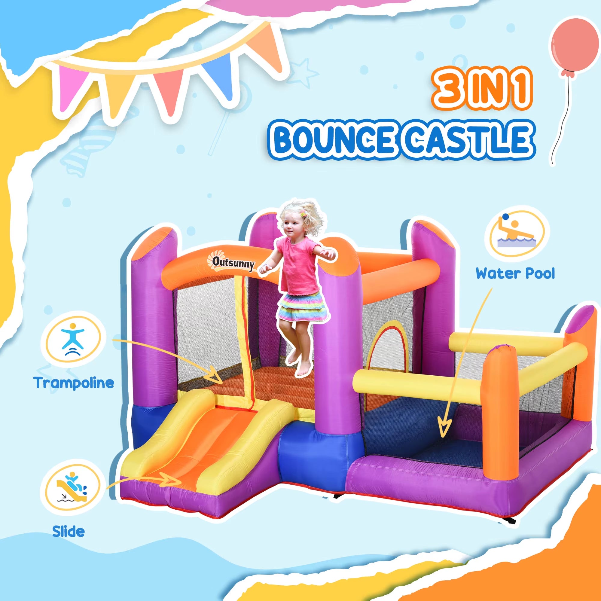 Outsunny Bouncy Castle with Slide Pool House Inflatable W/ Blower Multi-Color