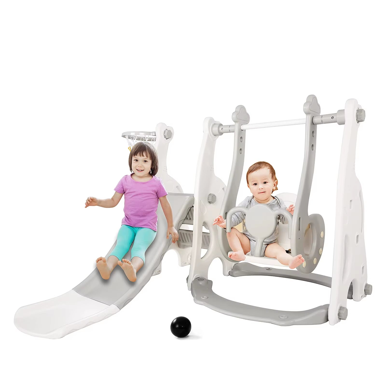 4-In-1 Toddler Climber and Swing Set, Extra-Long Slide, Safety Belt, Children'S Play Climbing Slide Set with Basketball Stand