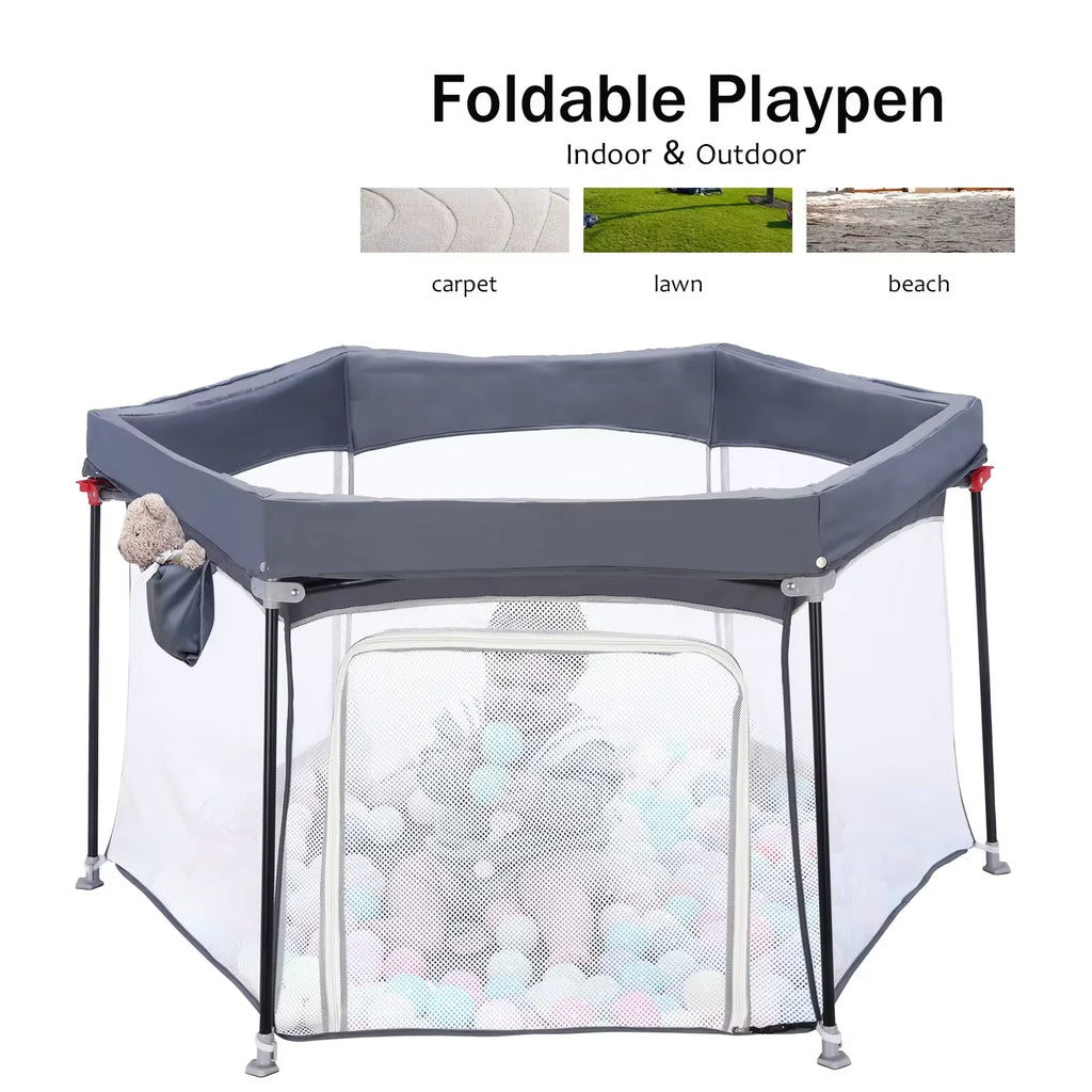 Baby Playpen Foldable Hexagon Sturdy Safety Playyard for Toddlers Soft Breathable Mesh Outdoor&Indoor without Ocean Ball, Grey