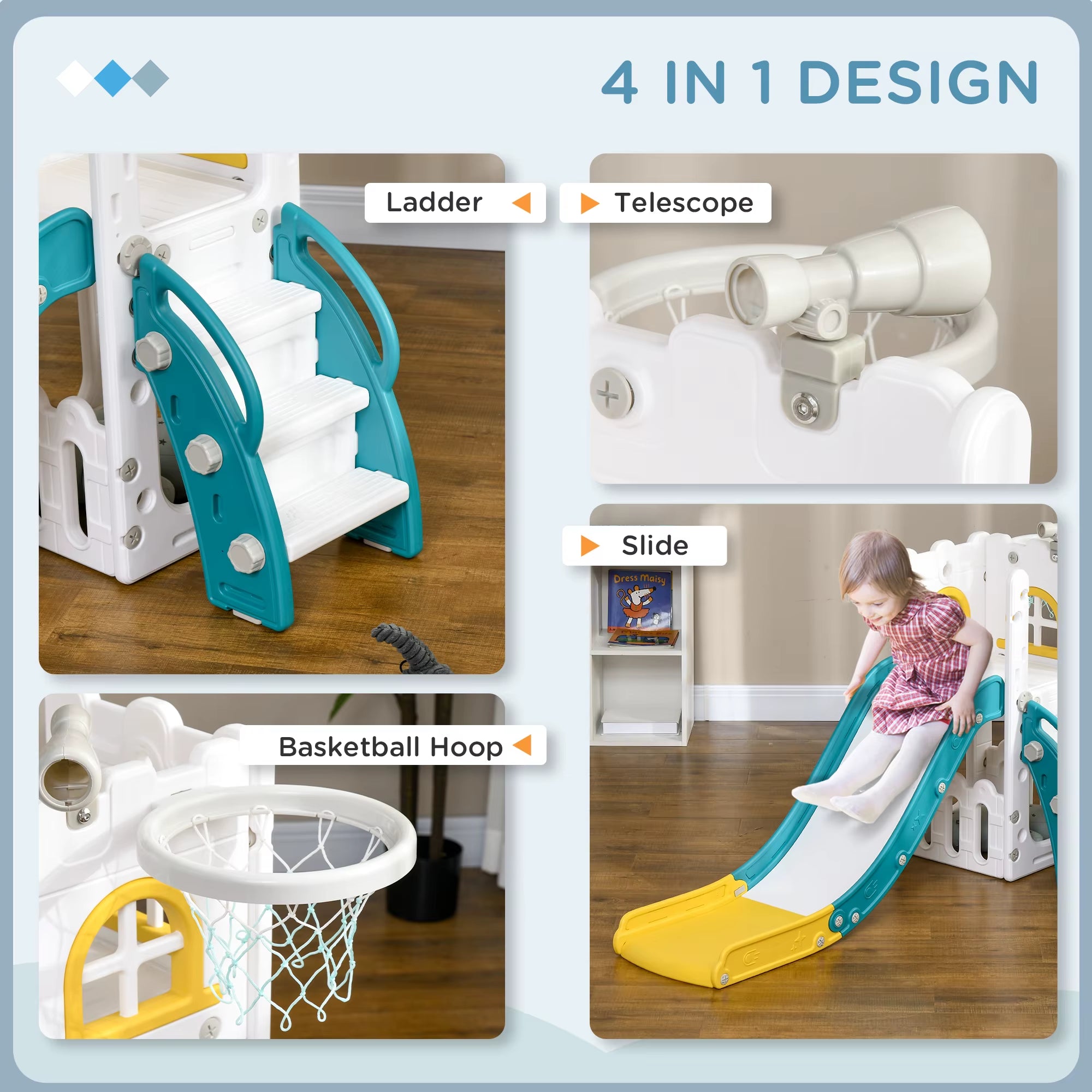 4 in 1 Kids Slide for Indoor Use, for Toddlers 1-3 Years, Yellow