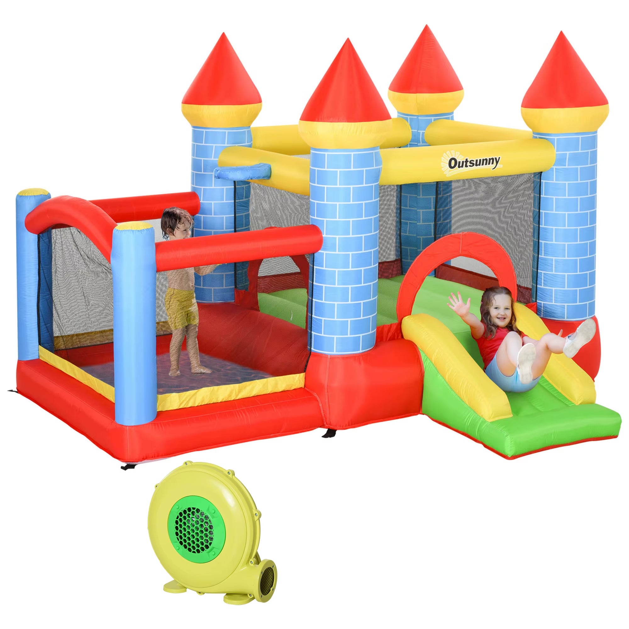 Outsunny Bouncy Castle W/ Slide Pool 4 in 1 Composition W/ Blower Multi-Color