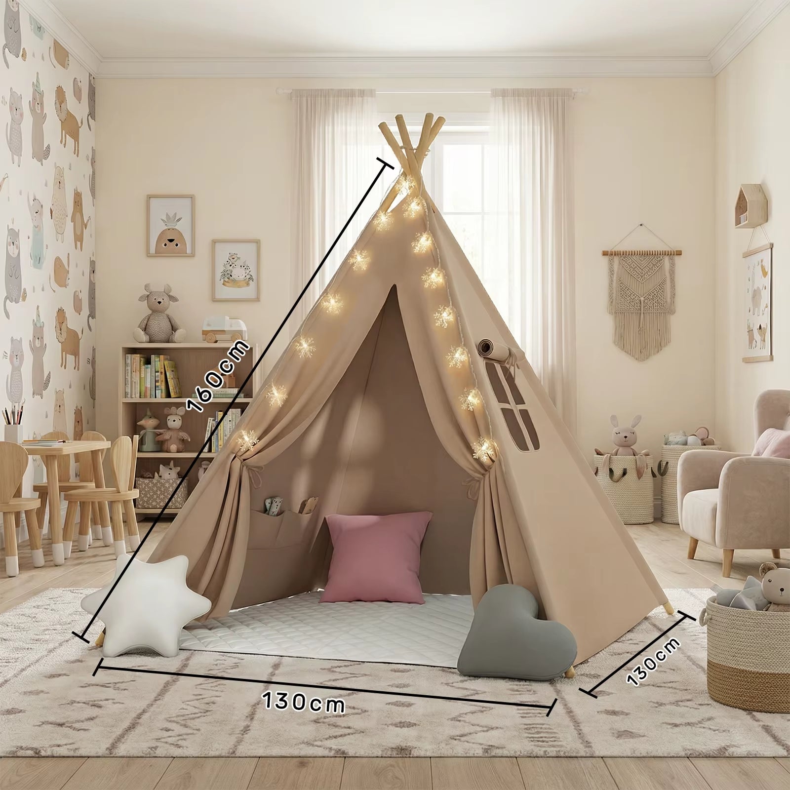 Foldable Teepee Tent with Cusions Mats LED Star String Lights, Portable Play Tent for Indoor/Outdoor Garden Playhouse Adventures