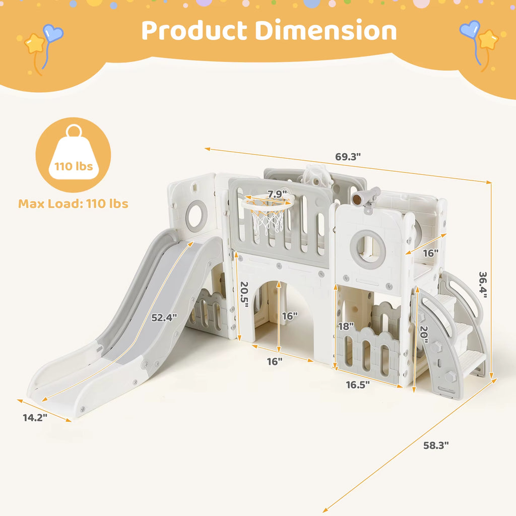 Toddler Slide, 9 in 1 Kids Slide and Climber Playset Indoor Outdoor Playground for Children, W/Basketball Hoop & Ball Telescope