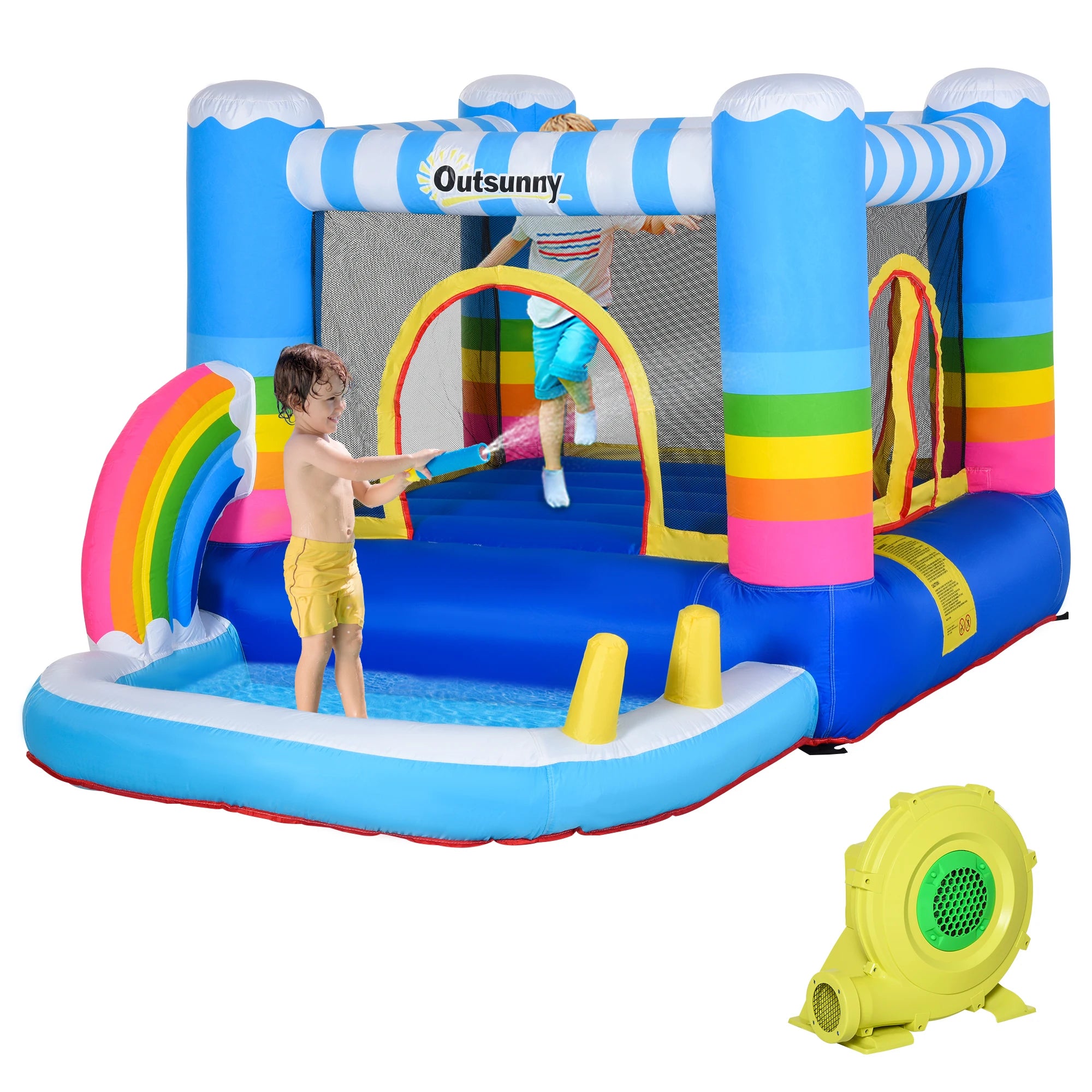 Outsunny Kids Bouncy Castle with Pool Outdoor Trampoline W/ Net Blower 3-8 Yrs