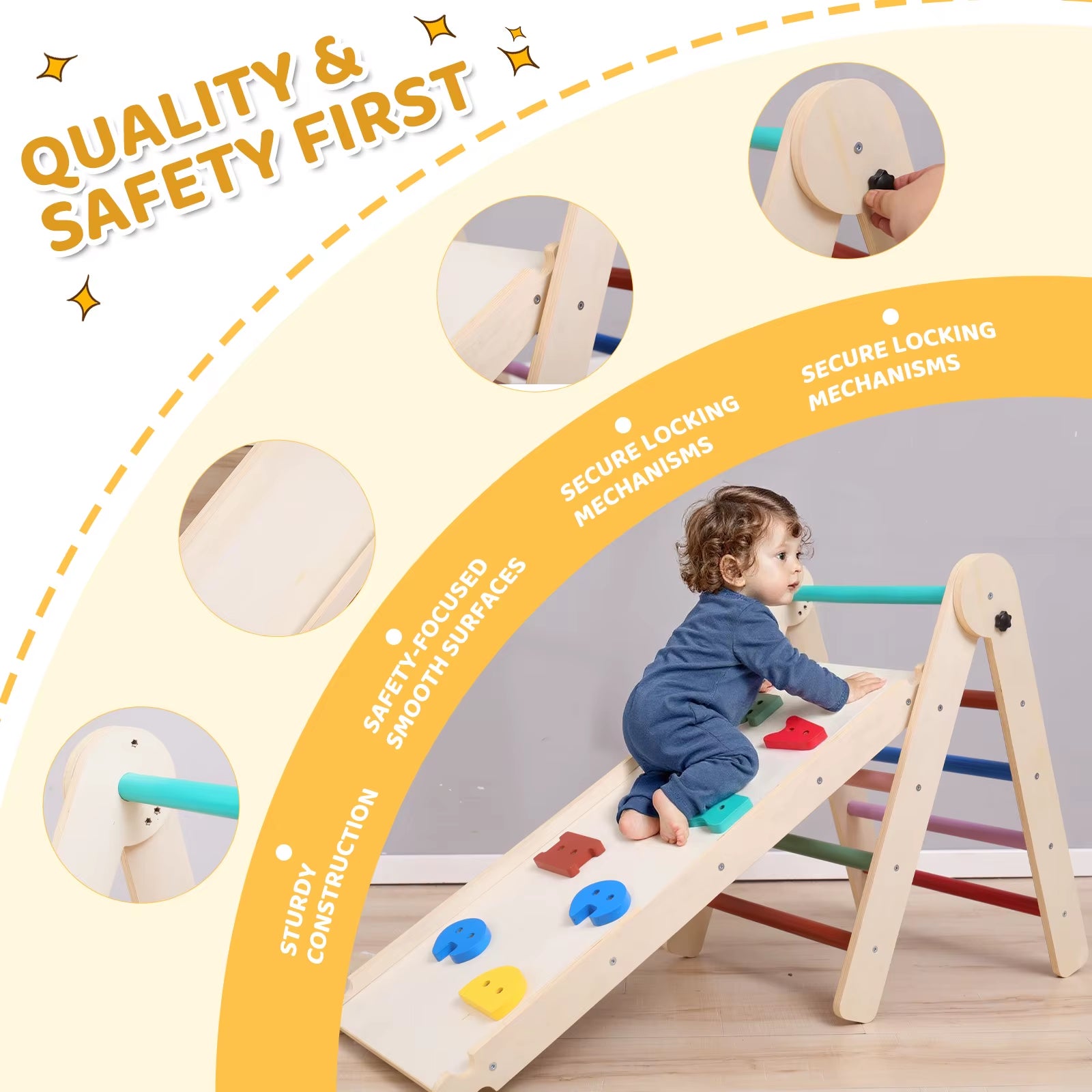 Toddler Climbing Frame, 7-In-1 Wooden Triangle Set, Foldable Baby Climbing Toy with Arch, Ramp, Ladder for 1-3 Year Olds, Indoor