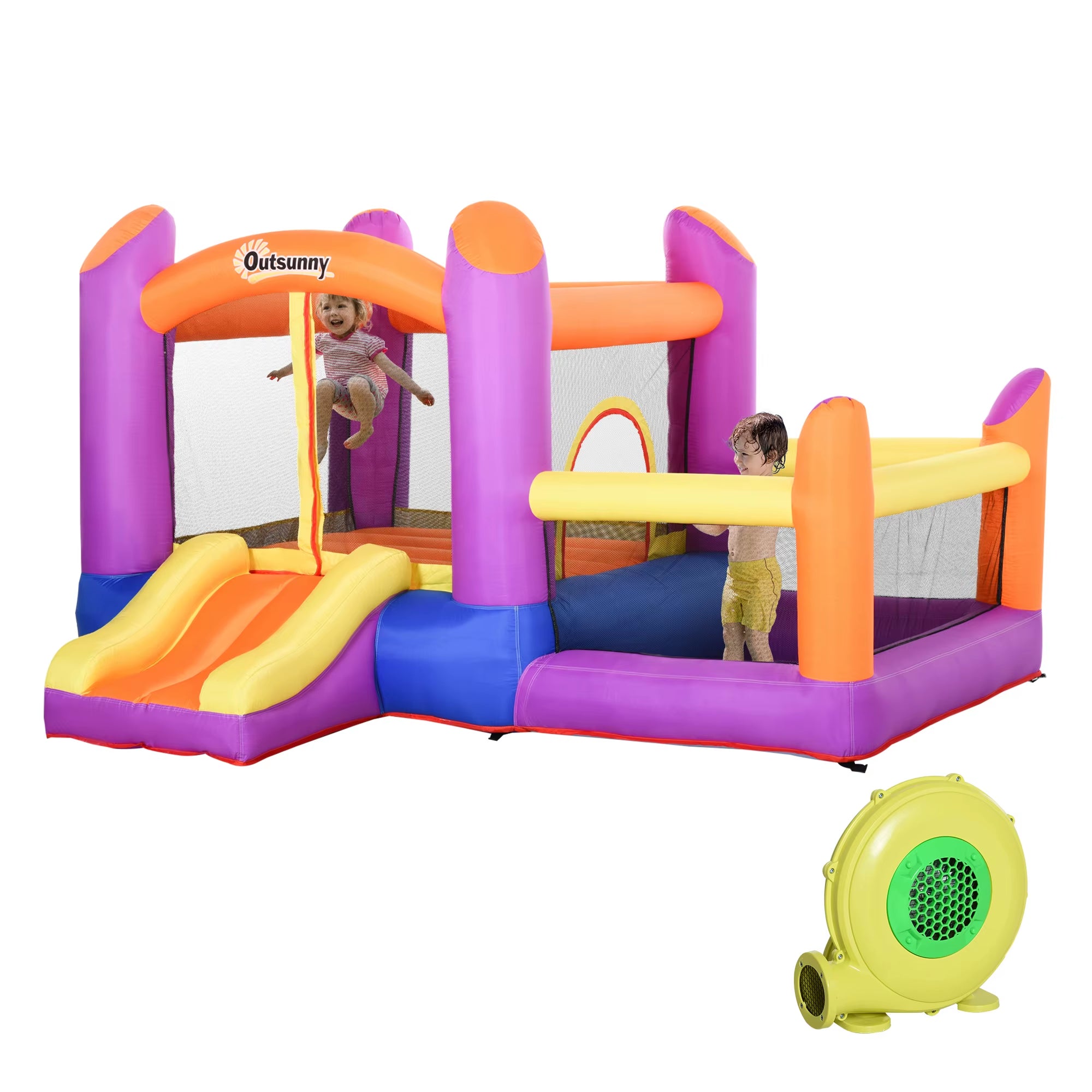 Outsunny Bouncy Castle with Slide Pool House Inflatable W/ Blower Multi-Color