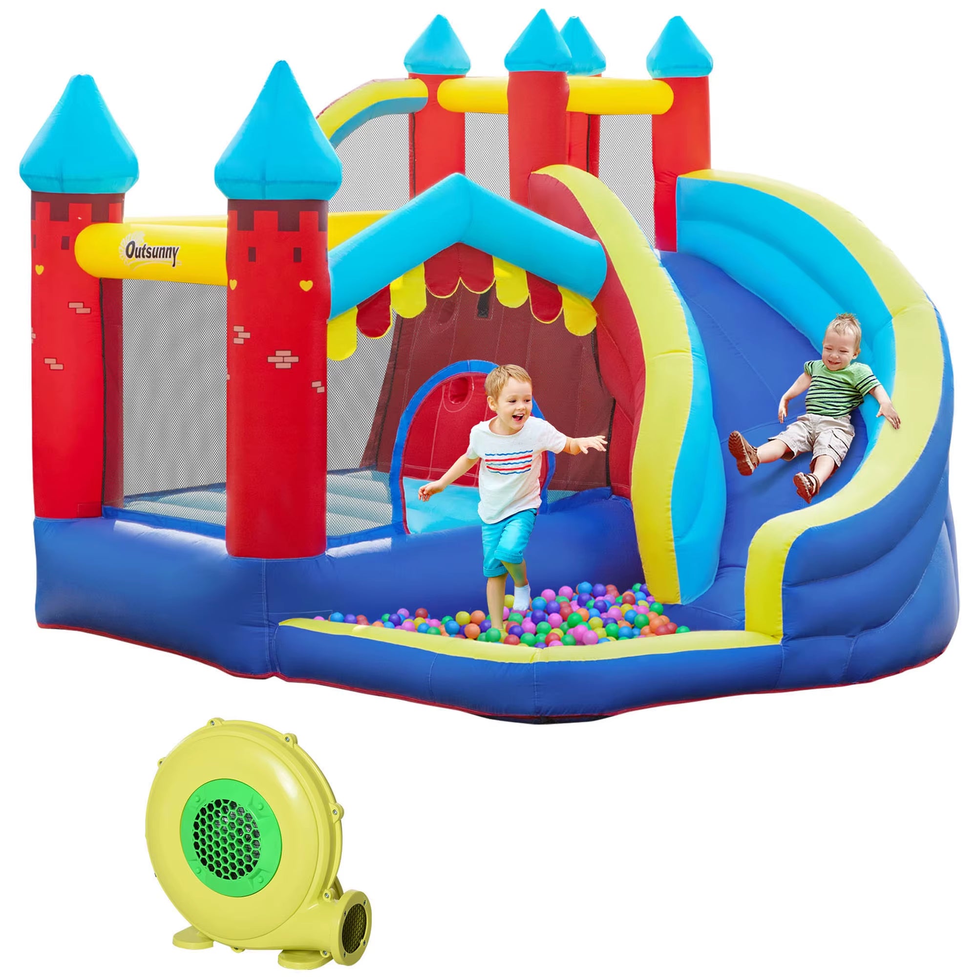 Outsunny Kids Bouncy Castle W/ Slide, Pool, Trampoline, Climbing Wall, Blower