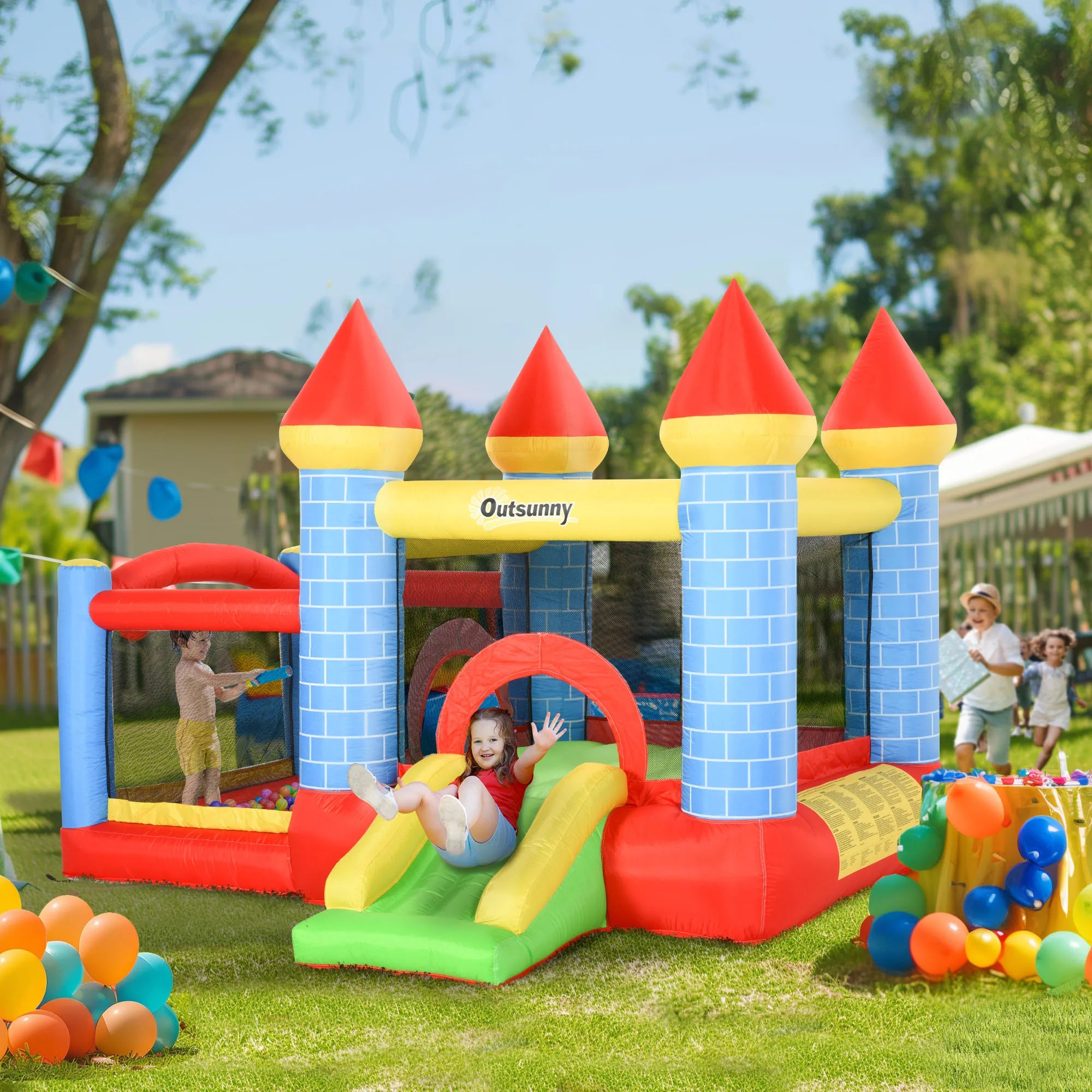 Outsunny Bouncy Castle W/ Slide Pool 4 in 1 Composition W/ Blower Multi-Color