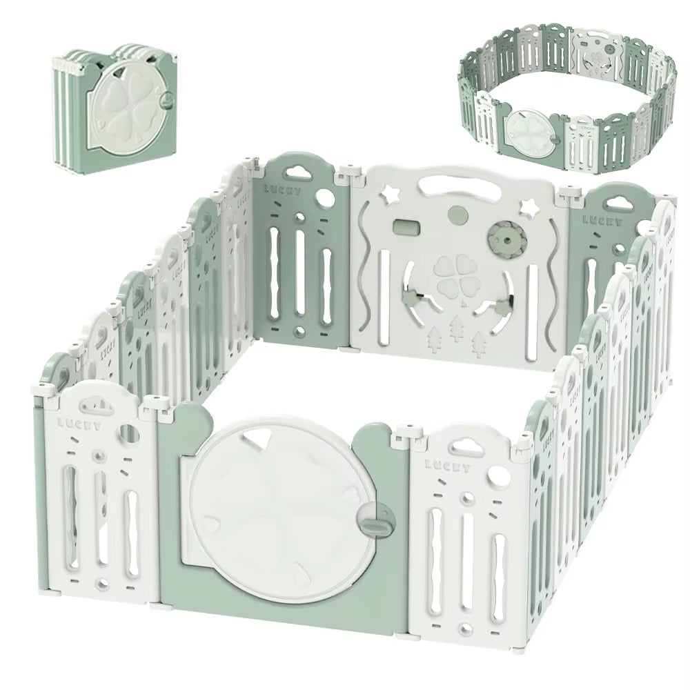 Foldable Baby Playpen with Basketball Hoop & 50Pcs Coloured Pit Balls, Toddler and Baby Play Pen Fence, 14-Panel