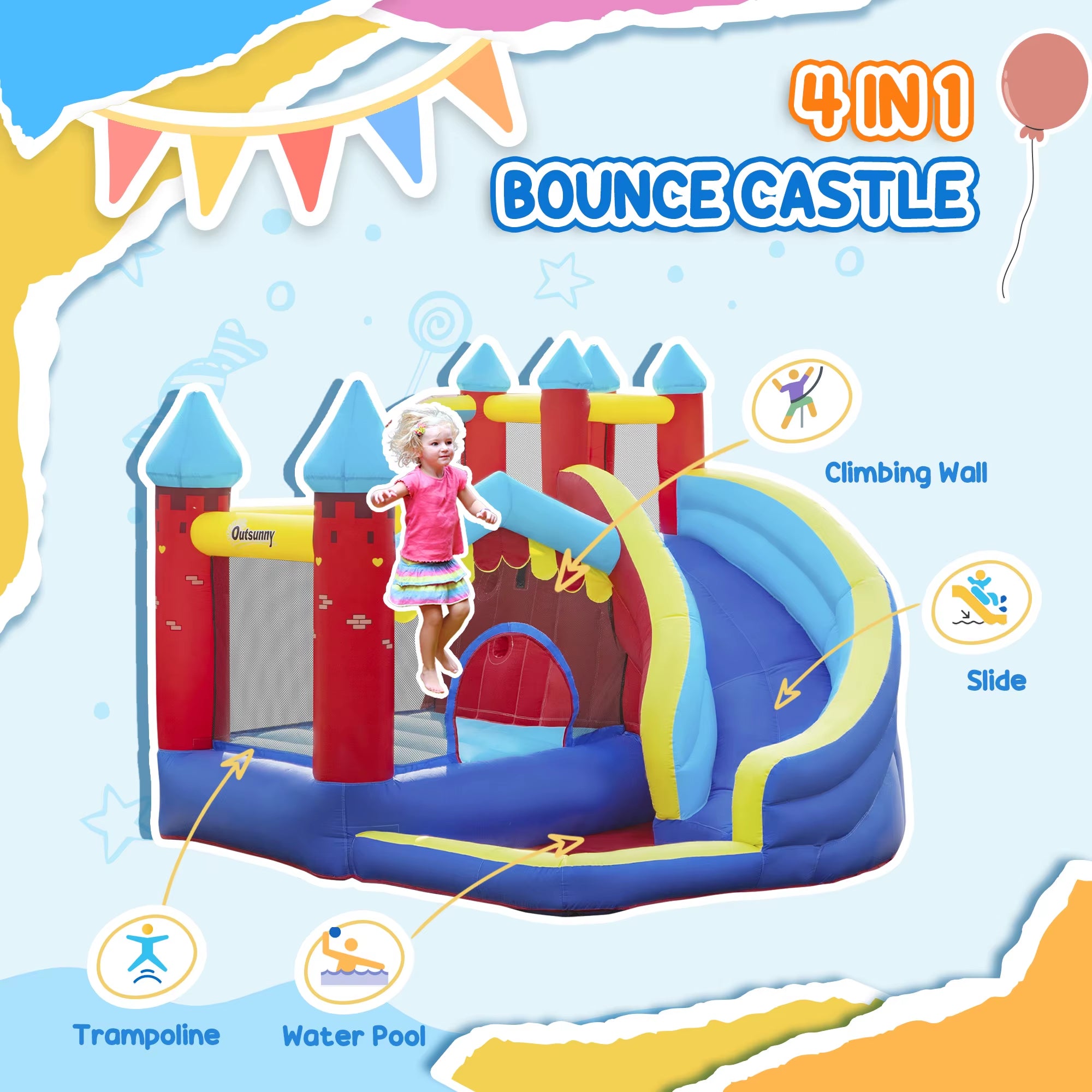 Outsunny Kids Bouncy Castle W/ Slide, Pool, Trampoline, Climbing Wall, Blower