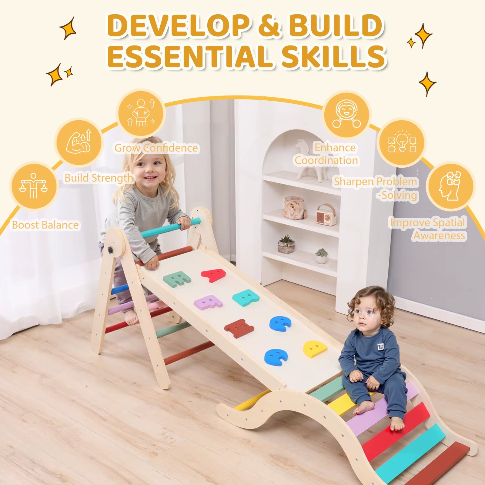 Toddler Climbing Frame, 7-In-1 Wooden Triangle Set, Foldable Baby Climbing Toy with Arch, Ramp, Ladder for 1-3 Year Olds, Indoor