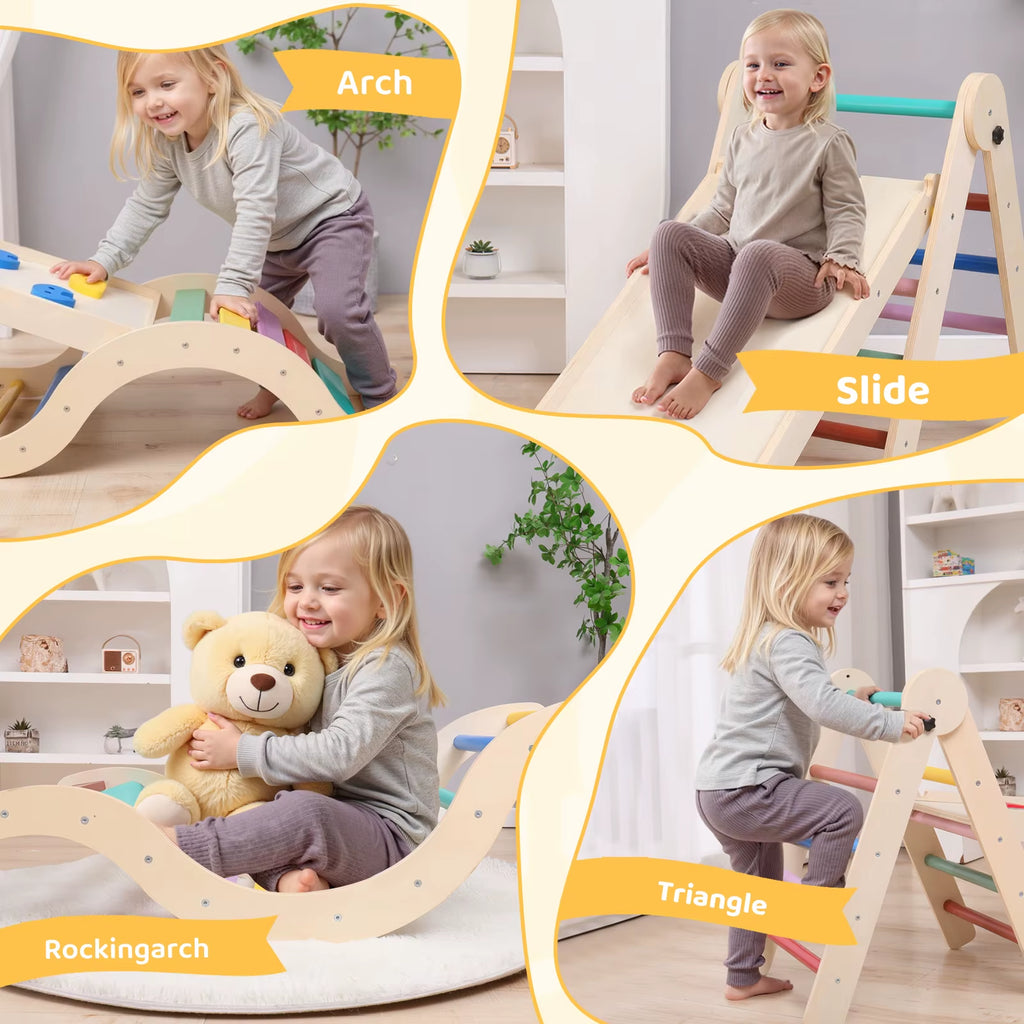 Toddler Climbing Frame, 7-In-1 Wooden Triangle Set, Foldable Baby Climbing Toy with Arch, Ramp, Ladder for 1-3 Year Olds, Indoor