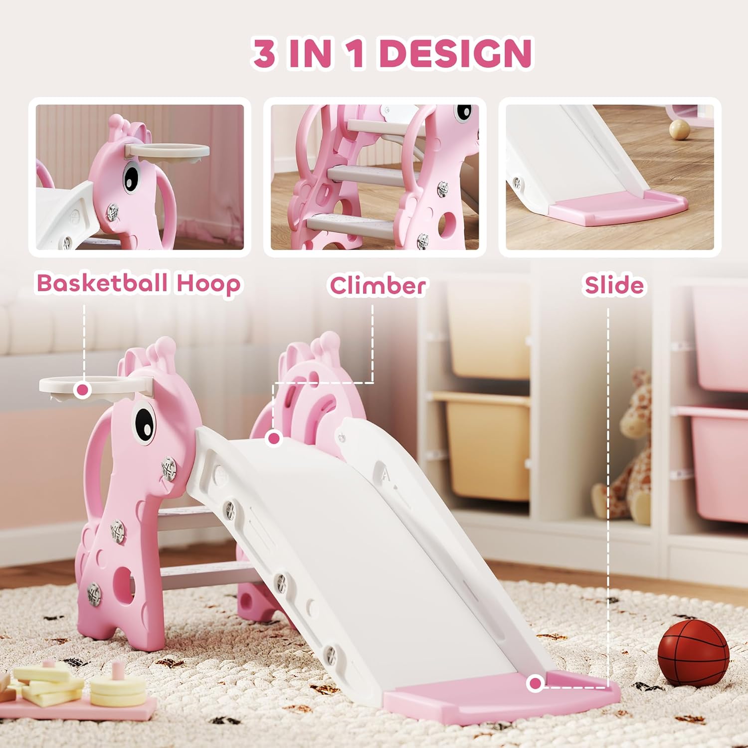PlaySlide™ Giraffe – 3-in-1 Toddler Slide & Basketball Set
