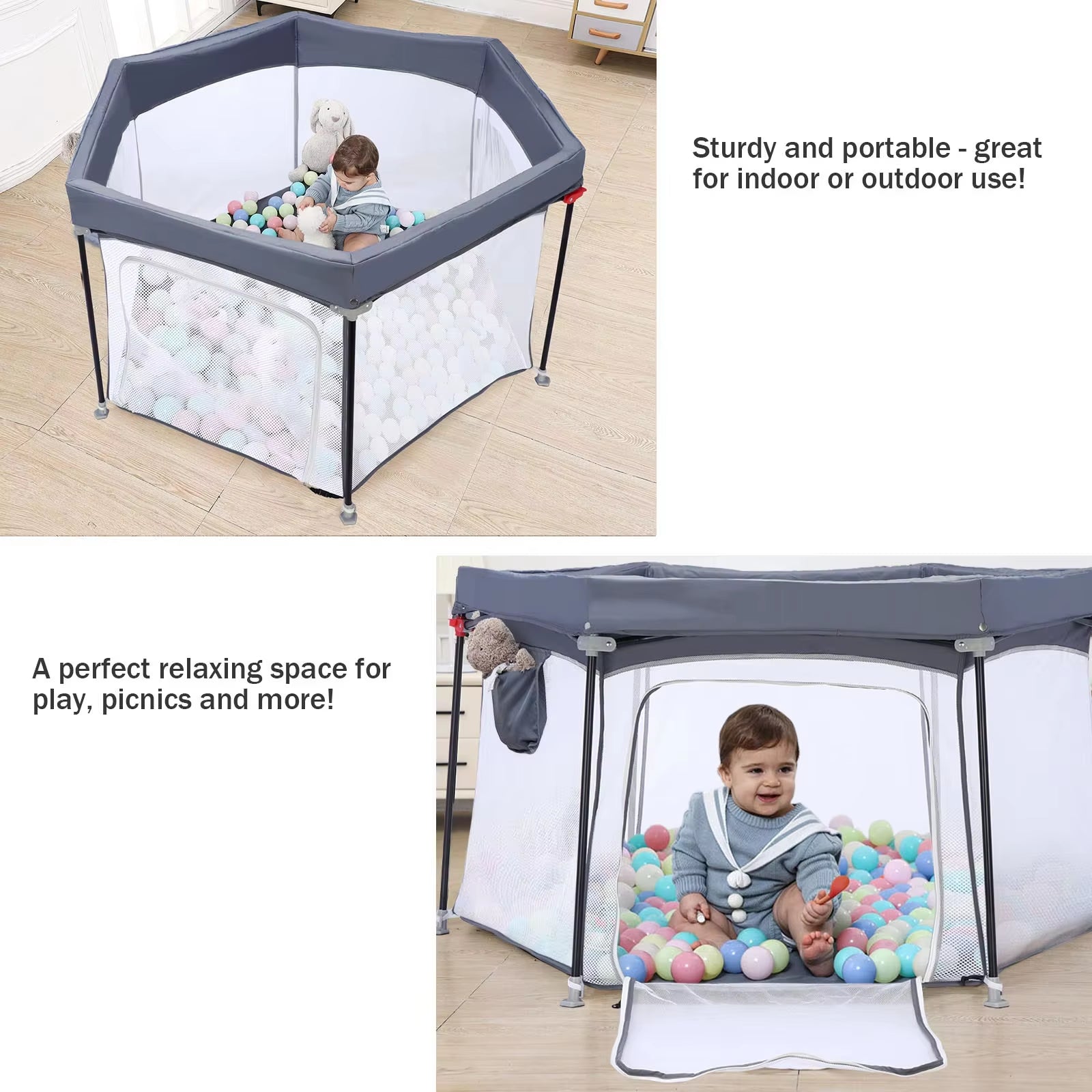 Baby Playpen Foldable Hexagon Sturdy Safety Playyard for Toddlers Soft Breathable Mesh Outdoor&Indoor without Ocean Ball, Grey