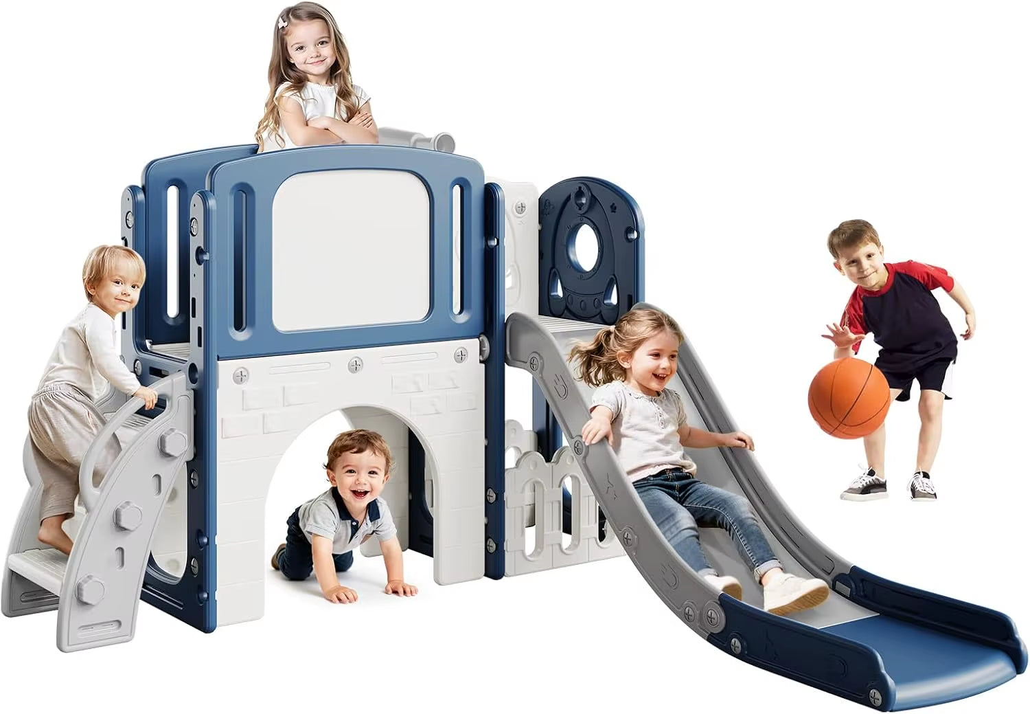 8 in 1 Toddler Slide Indoor Playground, Indoor Slide Toddler Playset for Toddlers 1-3, Basketball Hoop, Climber, Crawling Tunnel