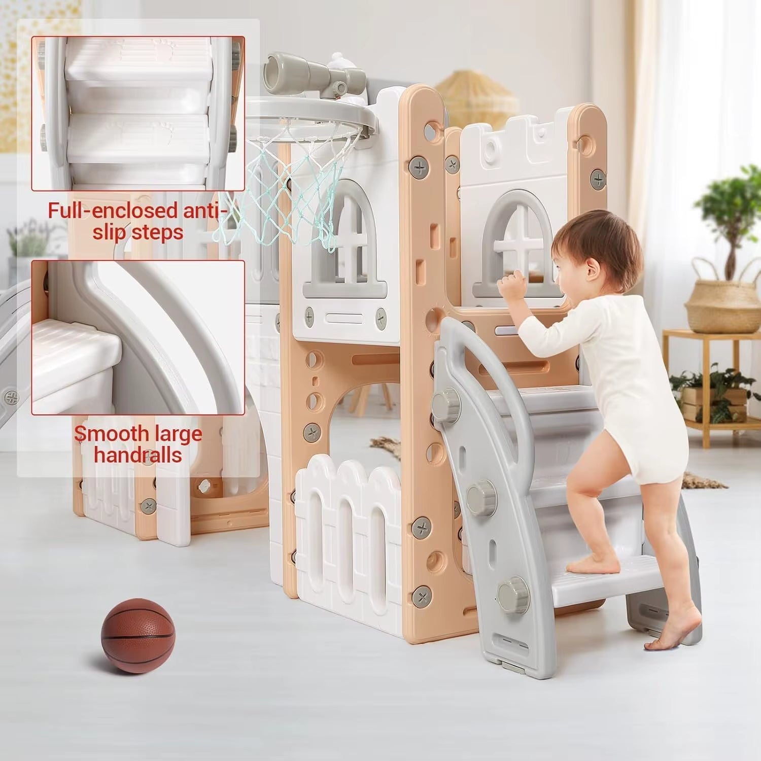 UK Kids Slide 8 in 1, Large Toddler Slide Playground Outdoor & Indoor with Basketball Hoop, Climber, Telescope, Tunnel and Stora