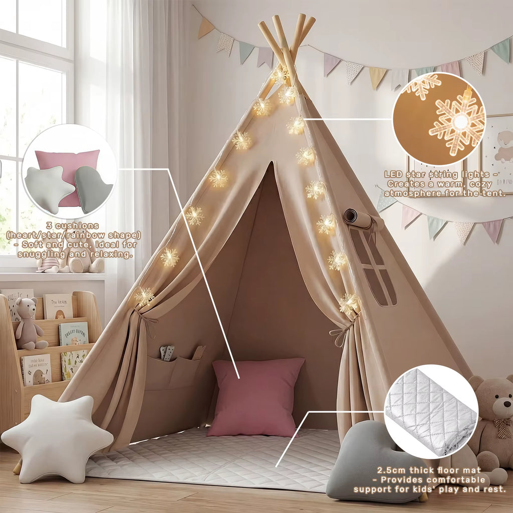 Foldable Teepee Tent with Cusions Mats LED Star String Lights, Portable Play Tent for Indoor/Outdoor Garden Playhouse Adventures