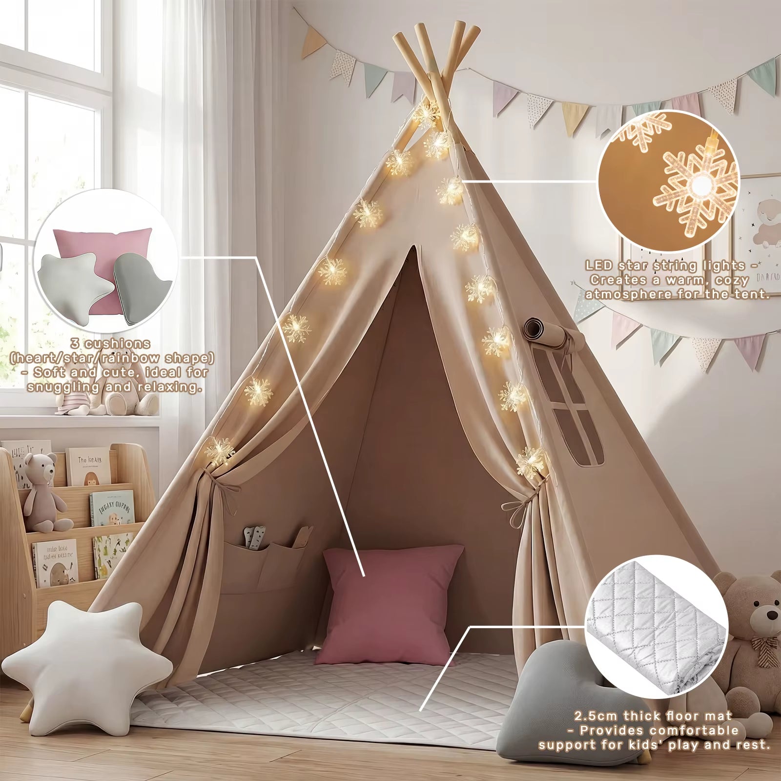 Foldable Teepee Tent with Cusions Mats LED Star String Lights, Portable Play Tent for Indoor/Outdoor Garden Playhouse Adventures