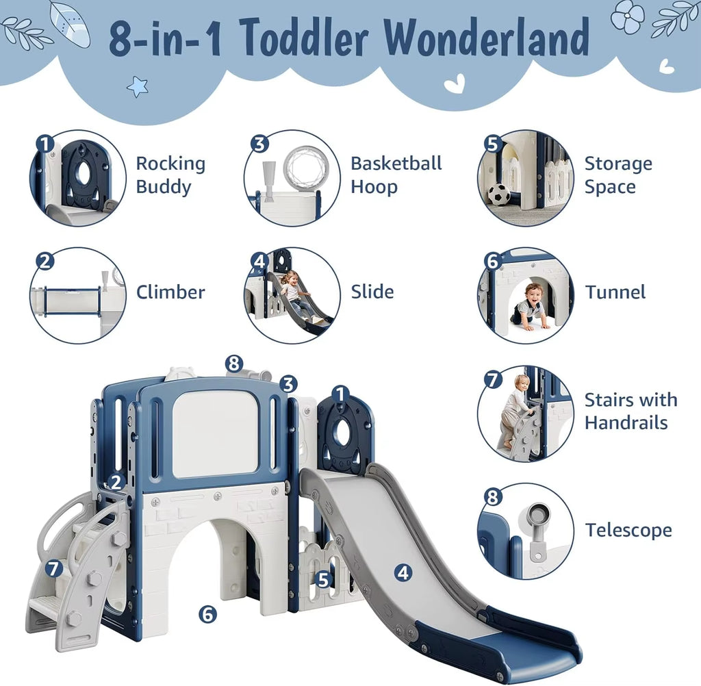 8 in 1 Toddler Slide Indoor Playground, Indoor Slide Toddler Playset for Toddlers 1-3, Basketball Hoop, Climber, Crawling Tunnel