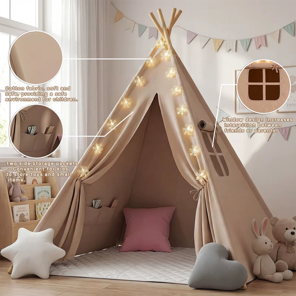 Foldable Teepee Tent with Cusions Mats LED Star String Lights, Portable Play Tent for Indoor/Outdoor Garden Playhouse Adventures
