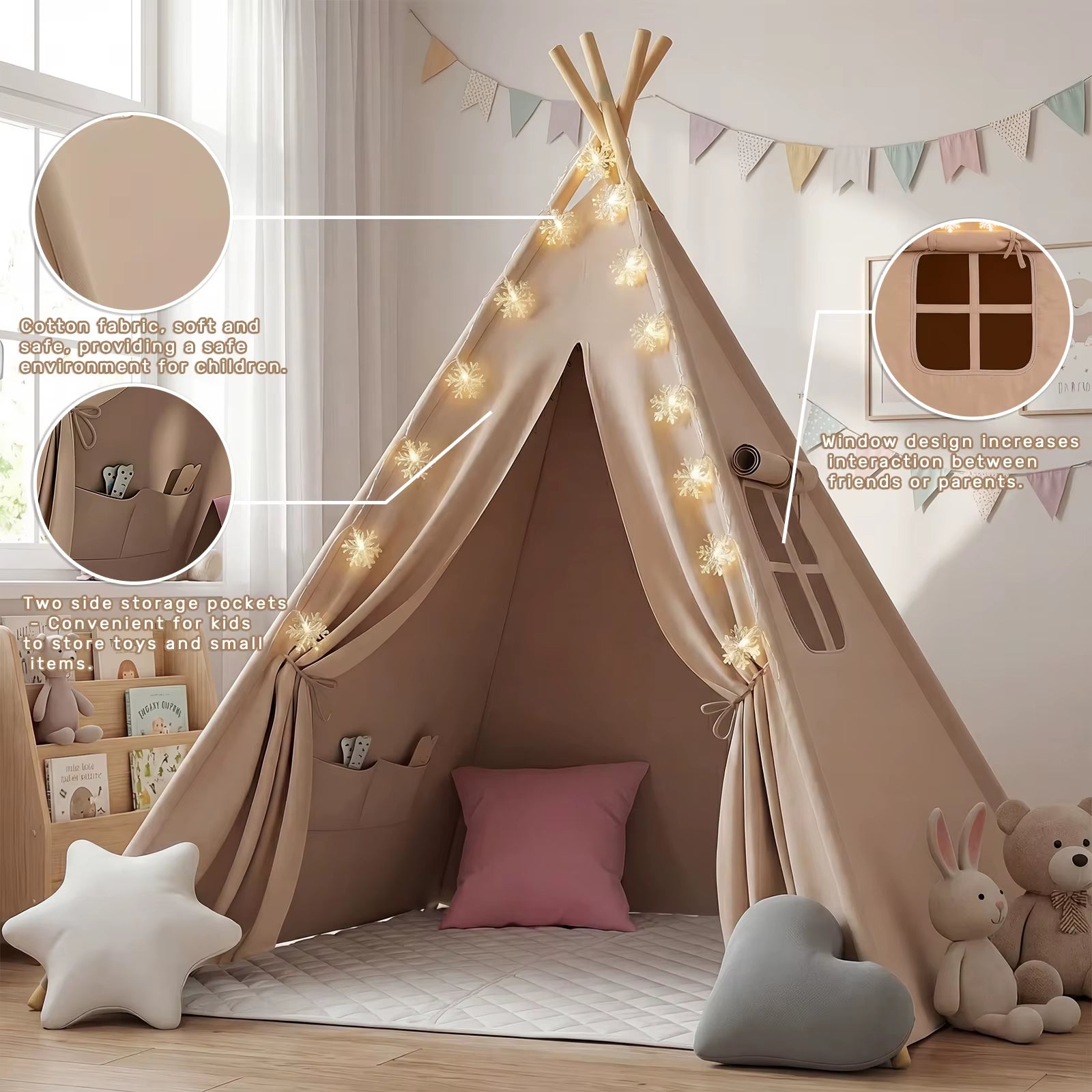 Foldable Teepee Tent with Cusions Mats LED Star String Lights, Portable Play Tent for Indoor/Outdoor Garden Playhouse Adventures