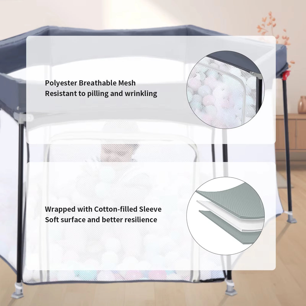 Baby Playpen Foldable Hexagon Sturdy Safety Playyard for Toddlers Soft Breathable Mesh Outdoor&Indoor without Ocean Ball, Grey