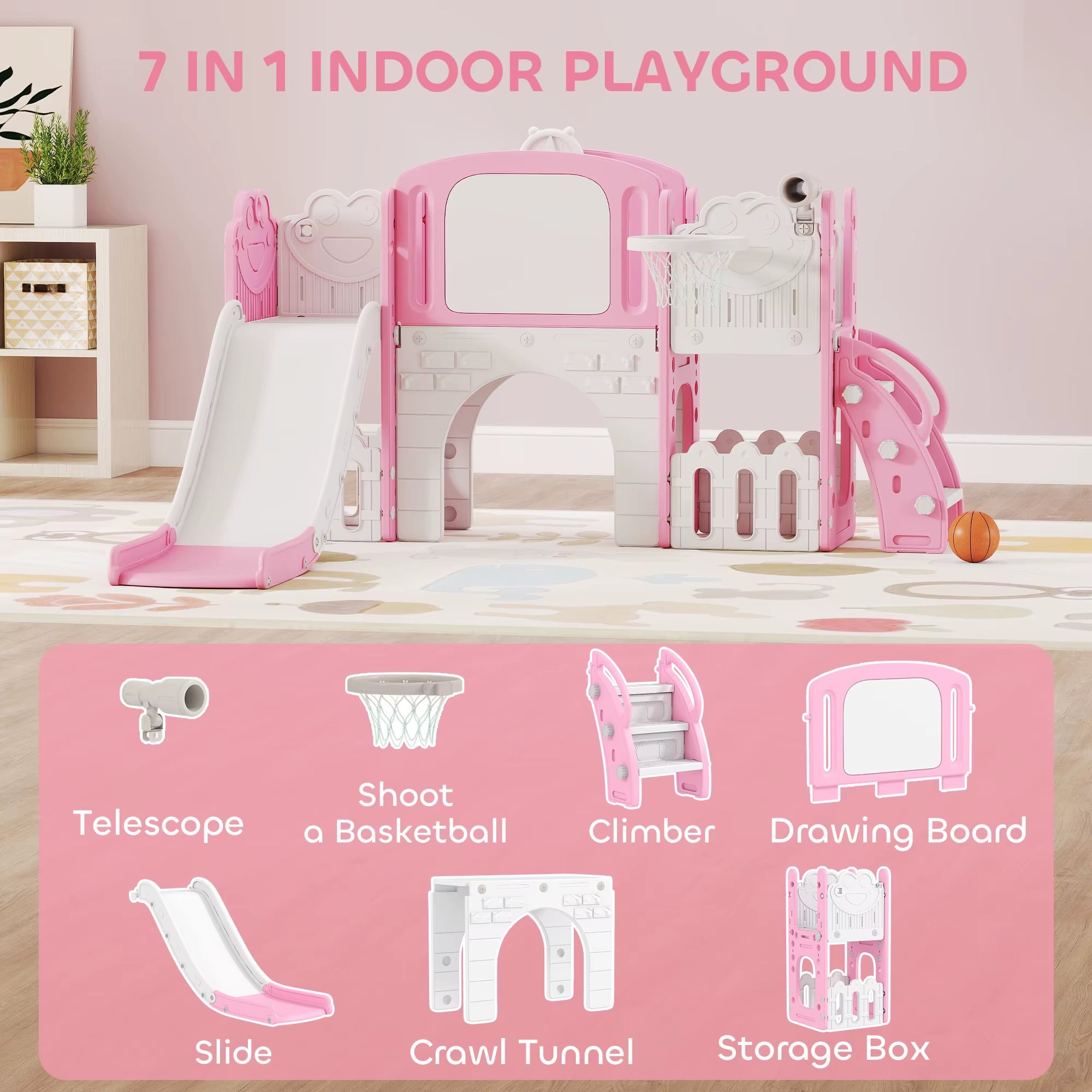 7 in 1 Toddler Slide Set, Frog Theme Playset with Basketball Hoop