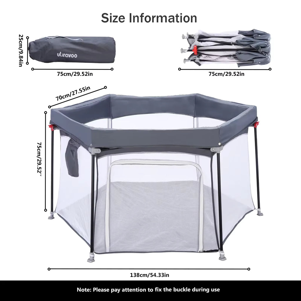 Baby Playpen Foldable Hexagon Sturdy Safety Playyard for Toddlers Soft Breathable Mesh Outdoor&Indoor without Ocean Ball, Grey