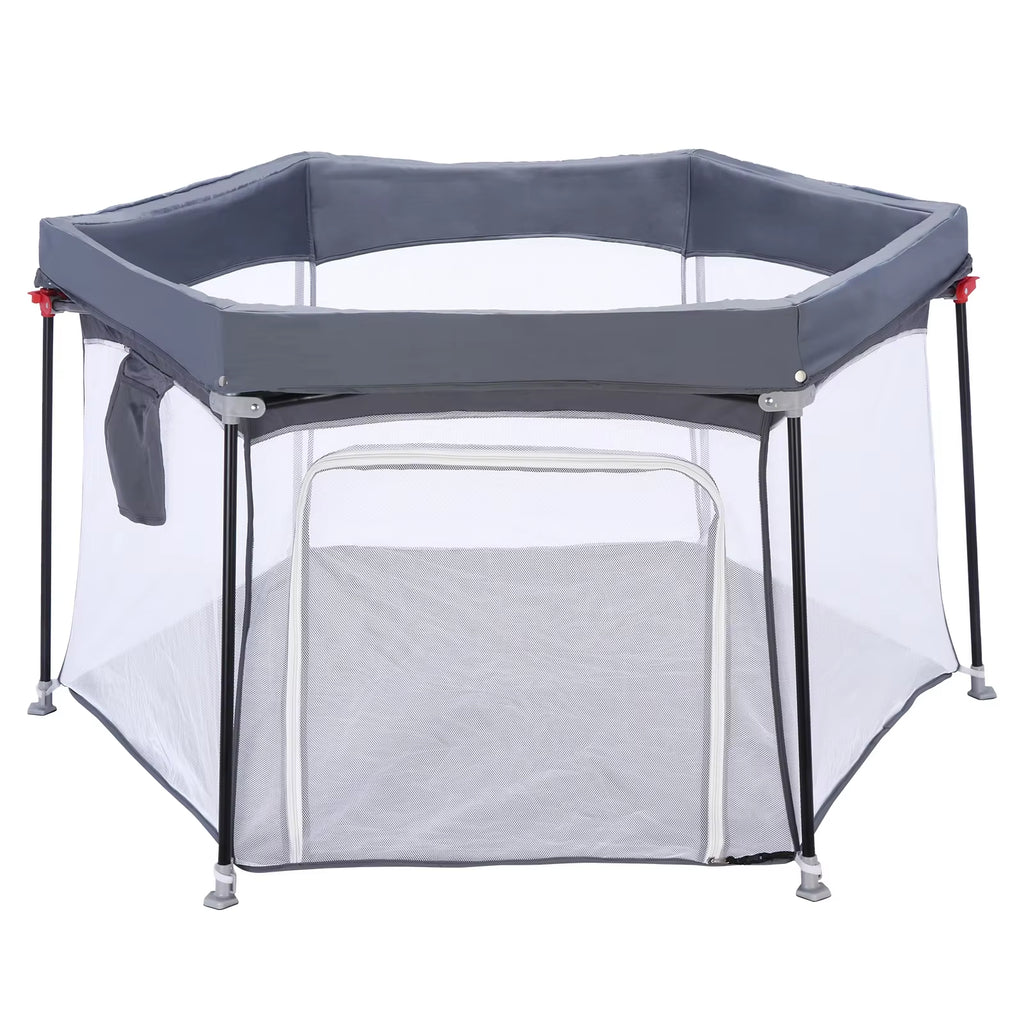Baby Playpen Foldable Hexagon Sturdy Safety Playyard for Toddlers Soft Breathable Mesh Outdoor&Indoor without Ocean Ball, Grey