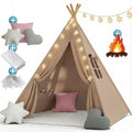 Foldable Teepee Tent with Cusions Mats LED Star String Lights, Portable Play Tent for Indoor/Outdoor Garden Playhouse Adventures