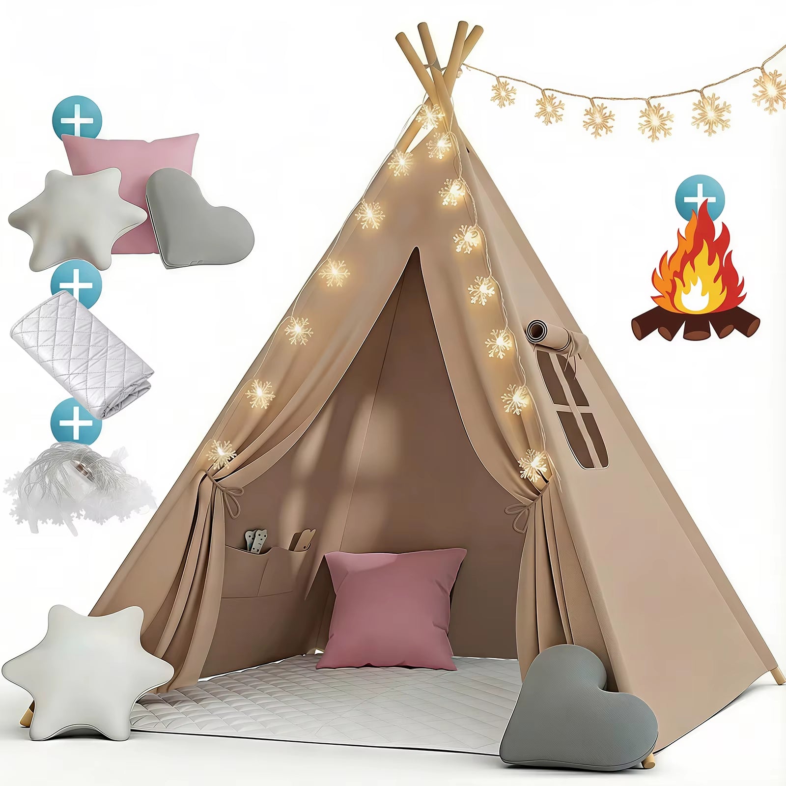 Foldable Teepee Tent with Cusions Mats LED Star String Lights, Portable Play Tent for Indoor/Outdoor Garden Playhouse Adventures