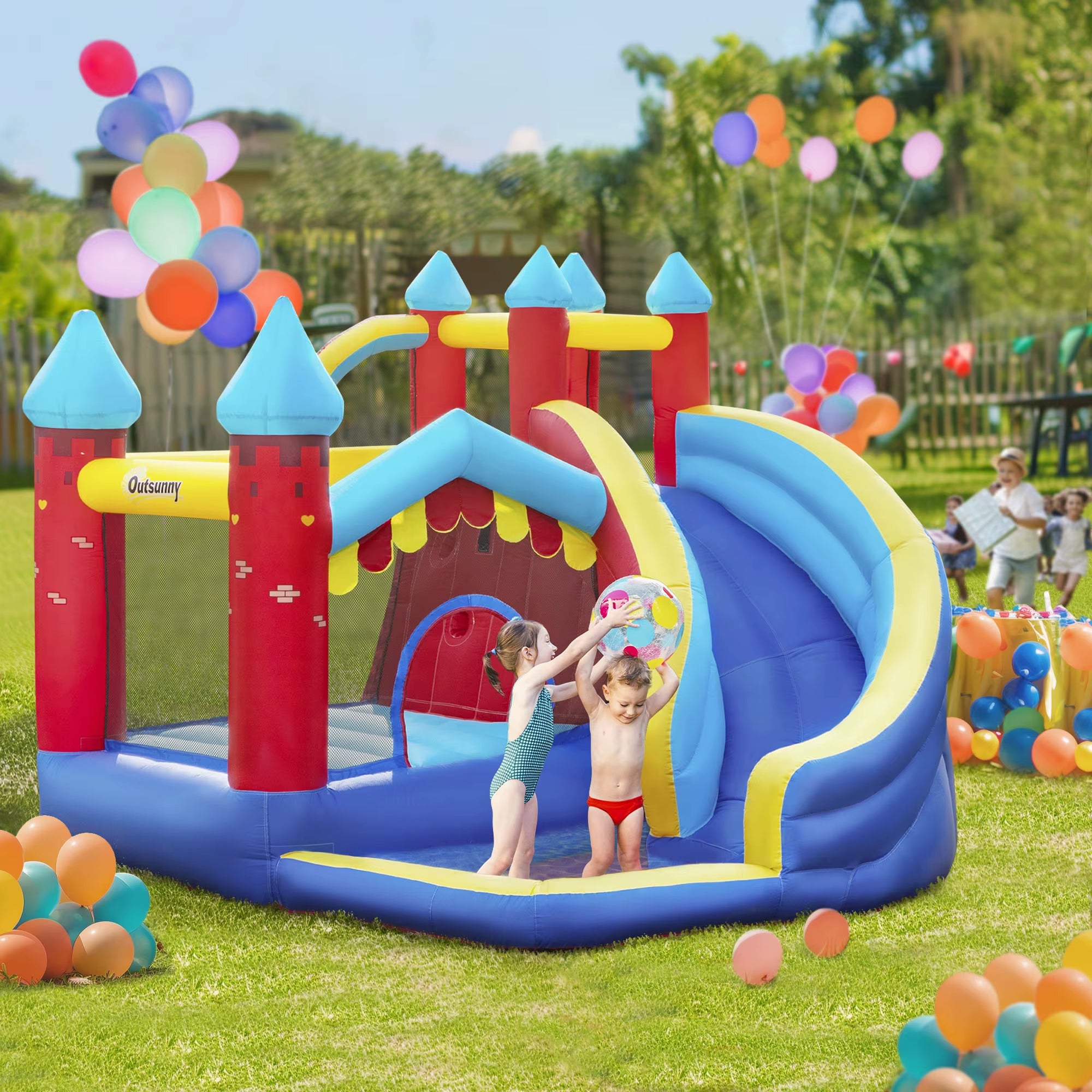 Outsunny Kids Bouncy Castle W/ Slide, Pool, Trampoline, Climbing Wall, Blower