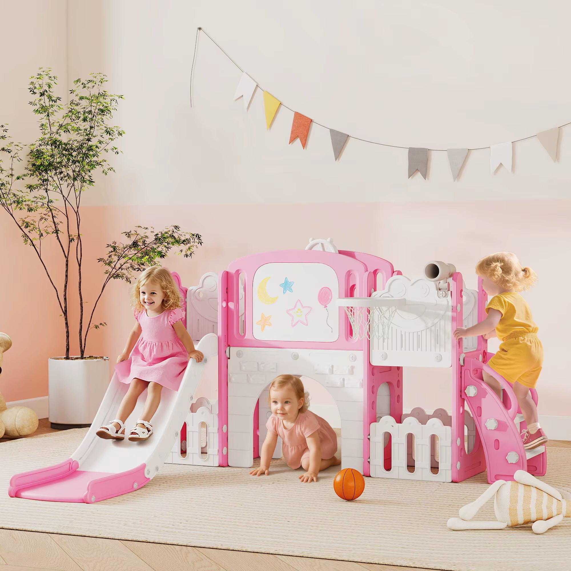 7 in 1 Toddler Slide Set, Frog Theme Playset with Basketball Hoop