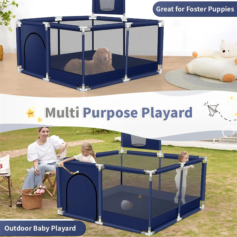 Baby Playpen, HDJ 50 Inch Baby Playard with Basketball Hoop, Baby Fence Infant Play Yard for Boy and Girls Gift, Blue