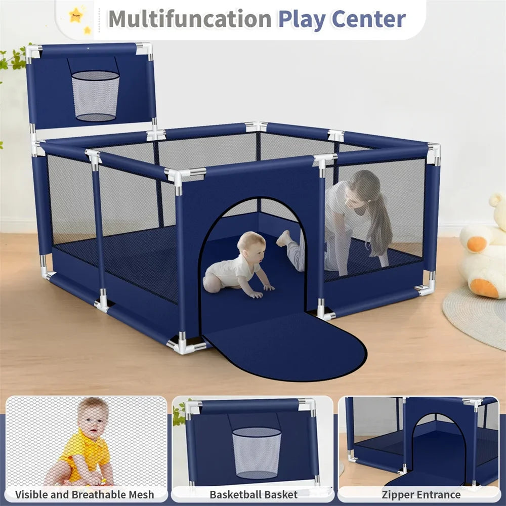 Baby Playpen, HDJ 50 Inch Baby Playard with Basketball Hoop, Baby Fence Infant Play Yard for Boy and Girls Gift, Blue