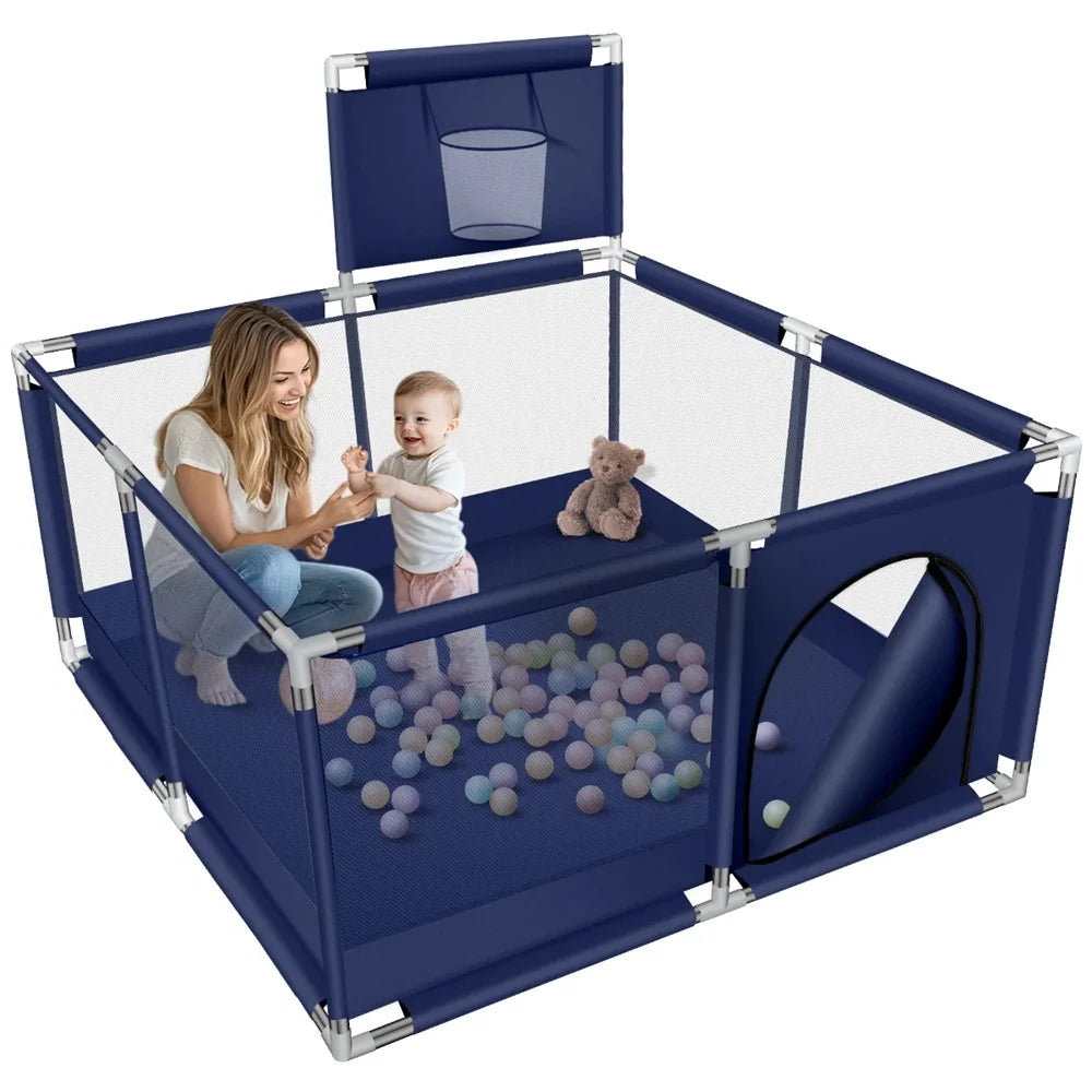 Baby Playpen, HDJ 50 Inch Baby Playard with Basketball Hoop, Baby Fence Infant Play Yard for Boy and Girls Gift, Blue