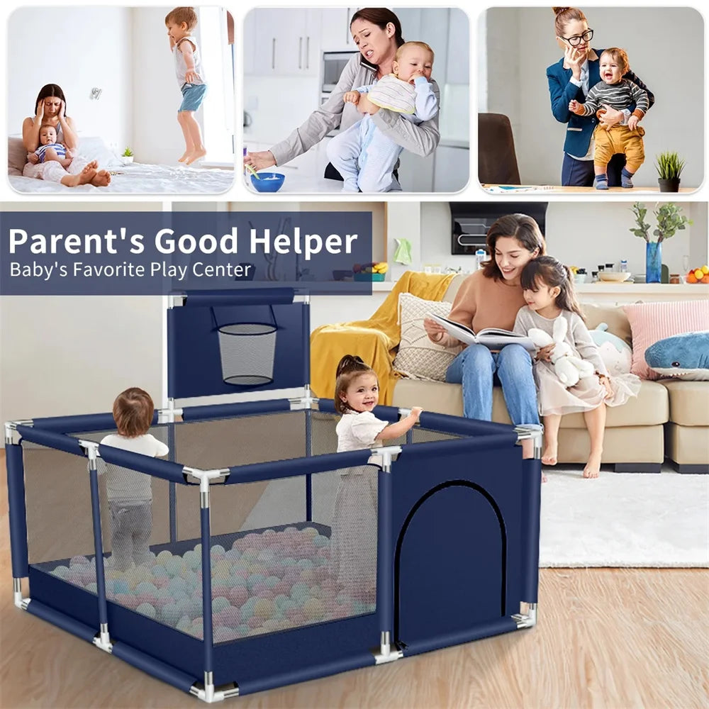 Baby Playpen, HDJ 50 Inch Baby Playard with Basketball Hoop, Baby Fence Infant Play Yard for Boy and Girls Gift, Blue