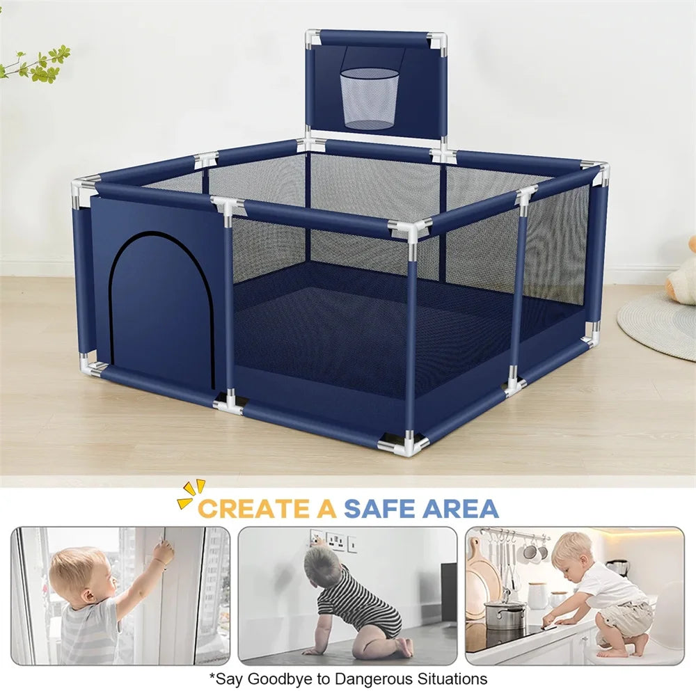 Baby Playpen, HDJ 50 Inch Baby Playard with Basketball Hoop, Baby Fence Infant Play Yard for Boy and Girls Gift, Blue