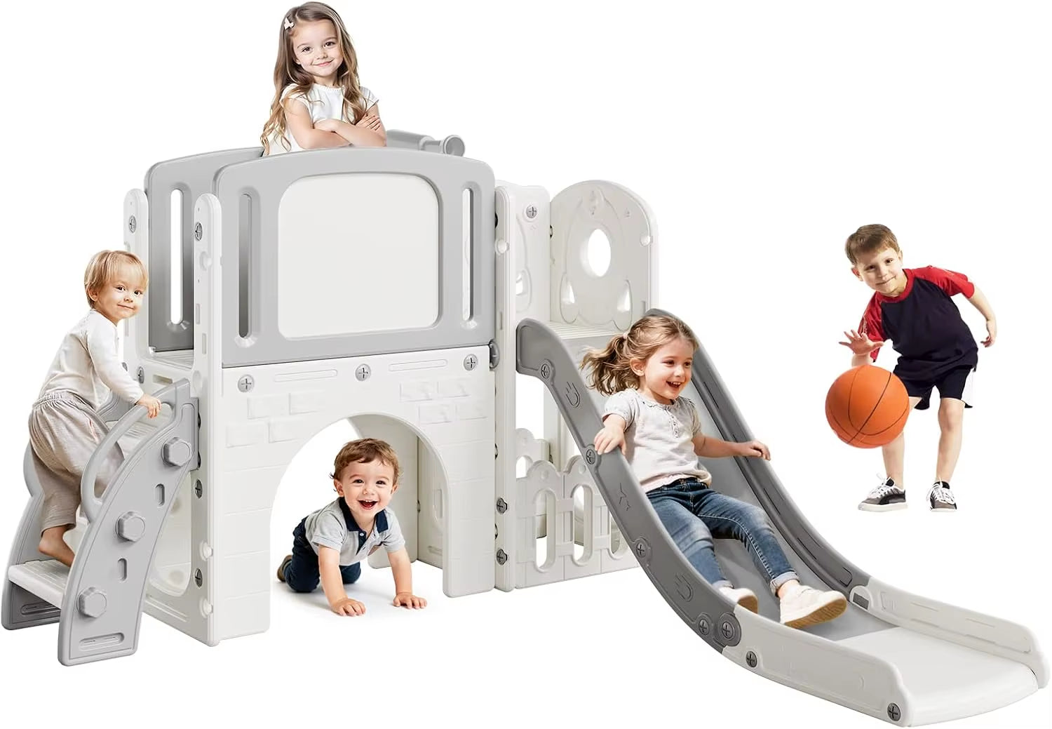 8 in 1 Toddler Slide Indoor Playground, Indoor Slide Toddler Playset for Toddlers 1-3, Basketball Hoop, Climber, Crawling Tunnel