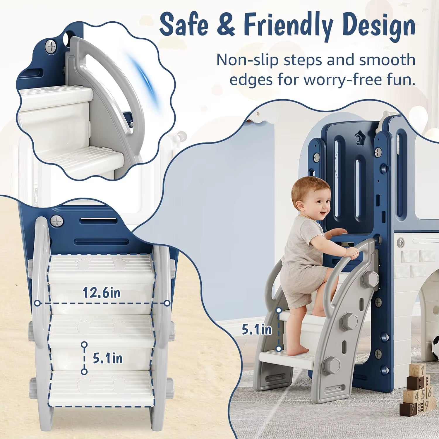 8 in 1 Toddler Slide Indoor Playground, Indoor Slide Toddler Playset for Toddlers 1-3, Basketball Hoop, Climber, Crawling Tunnel