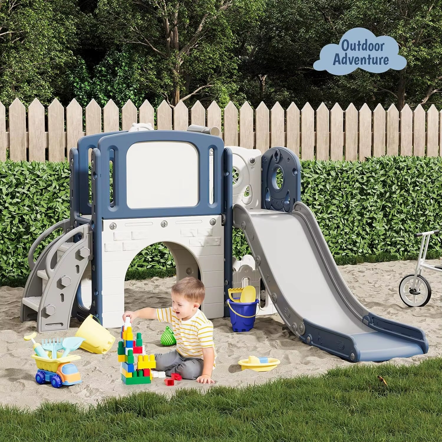 8 in 1 Toddler Slide Indoor Playground, Indoor Slide Toddler Playset for Toddlers 1-3, Basketball Hoop, Climber, Crawling Tunnel