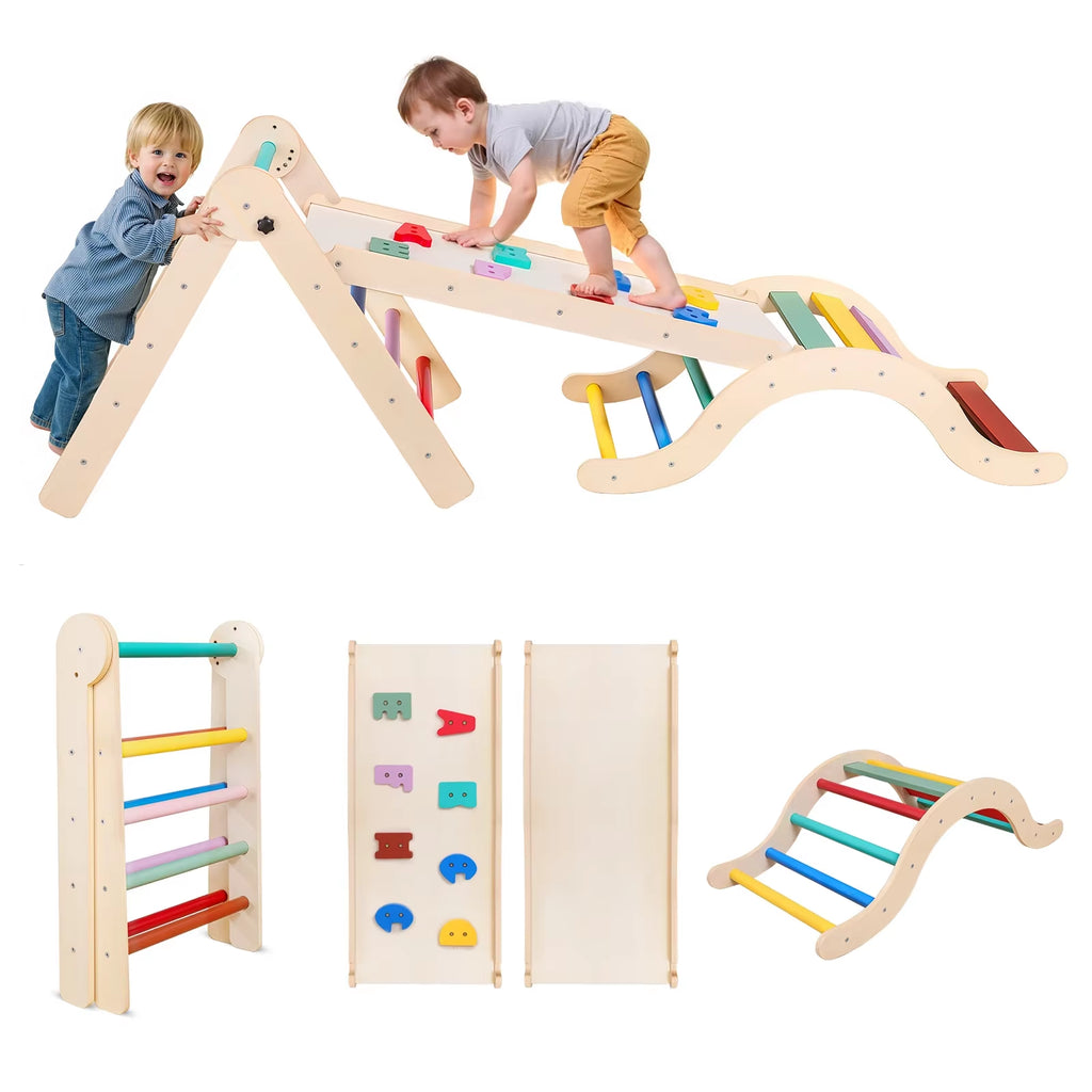 Toddler Climbing Frame, 7-In-1 Wooden Triangle Set, Foldable Baby Climbing Toy with Arch, Ramp, Ladder for 1-3 Year Olds, Indoor