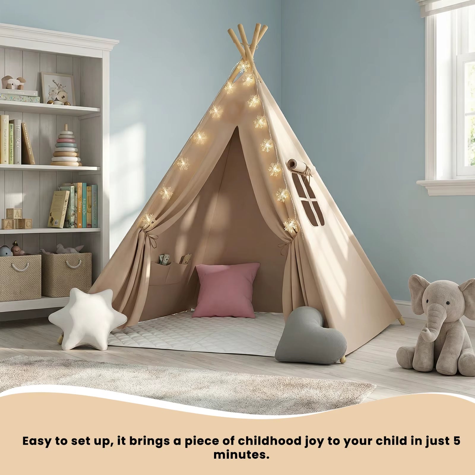 Foldable Teepee Tent with Cusions Mats LED Star String Lights, Portable Play Tent for Indoor/Outdoor Garden Playhouse Adventures