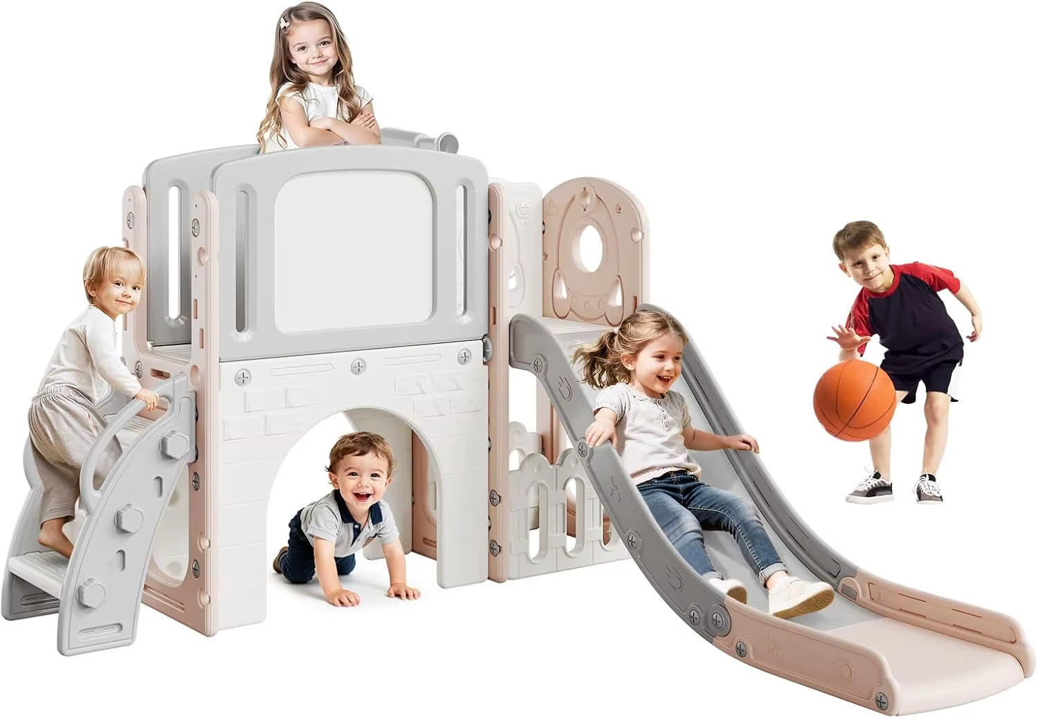 8 in 1 Toddler Slide Indoor Playground, Indoor Slide Toddler Playset for Toddlers 1-3, Basketball Hoop, Climber, Crawling Tunnel