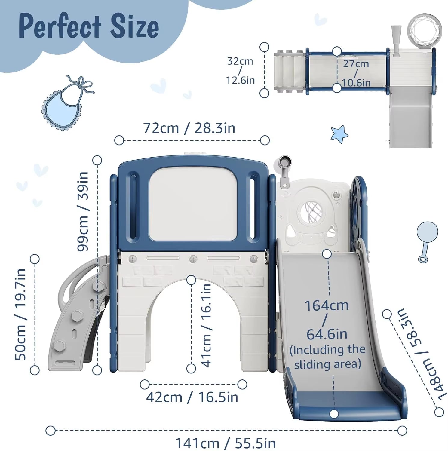 8 in 1 Toddler Slide Indoor Playground, Indoor Slide Toddler Playset for Toddlers 1-3, Basketball Hoop, Climber, Crawling Tunnel