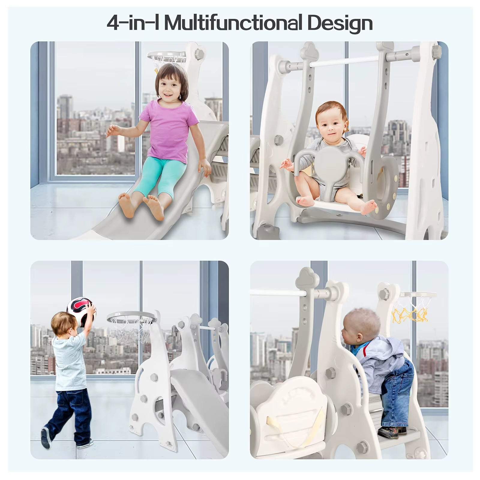 4-In-1 Toddler Climber and Swing Set, Extra-Long Slide, Safety Belt, Children'S Play Climbing Slide Set with Basketball Stand